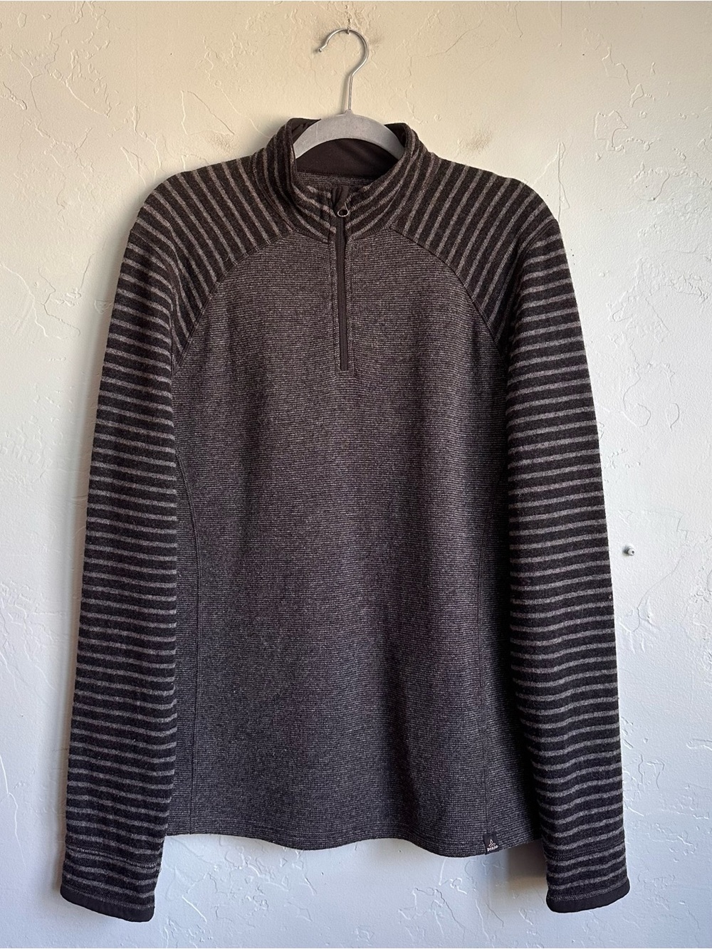 Prana Men Gray 1/4 Zip Striped Wool Blend Fleece Pullover Med. Outdoor Gorpcore